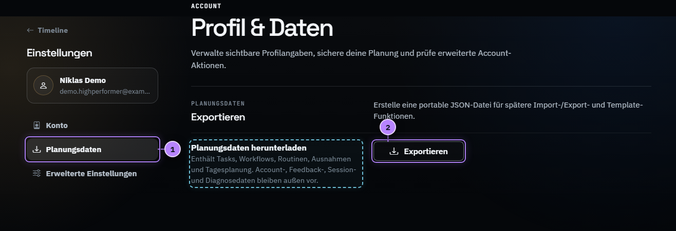 ToxFlow-Einstellungen für den Planungsdaten-Export mit zwei nummerierten Aktionen