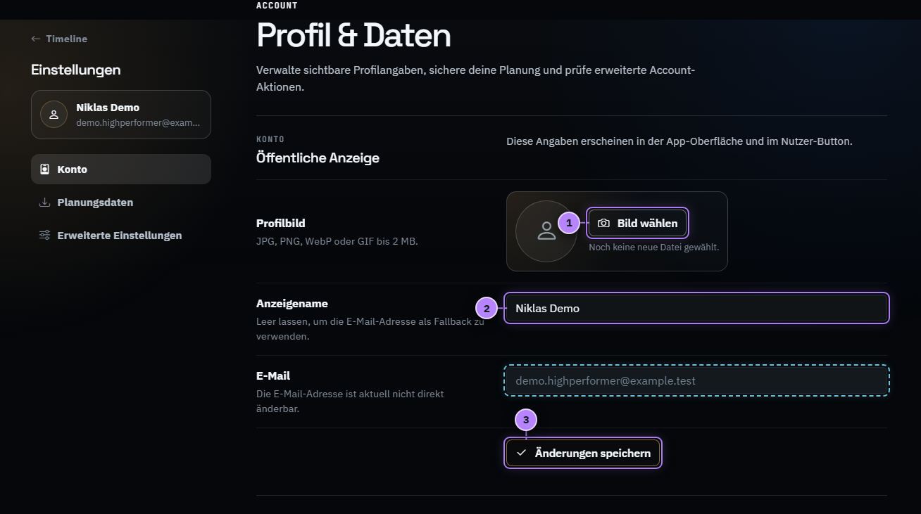 ToxFlow-Einstellungen für Profilbild und Anzeigename mit drei nummerierten Aktionen
